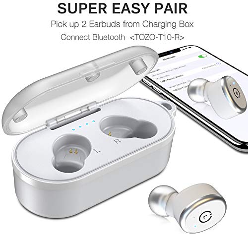 TOZO T10 Bluetooth 5.0 Wireless Earbuds with Wireless Charging Case IPX8 Waterproof TWS Stereo Headphones in Ear Built in Mic Headset Premium Sound with Deep Bass for Sport White
