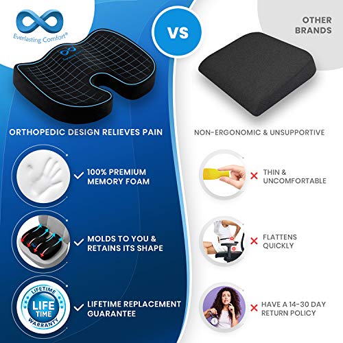 Everlasting Comfort Seat Cushion for Office Chair - Tailbone Pain Relief Cushion - Coccyx Cushion - Sciatica Pillow for Sitting (Black)