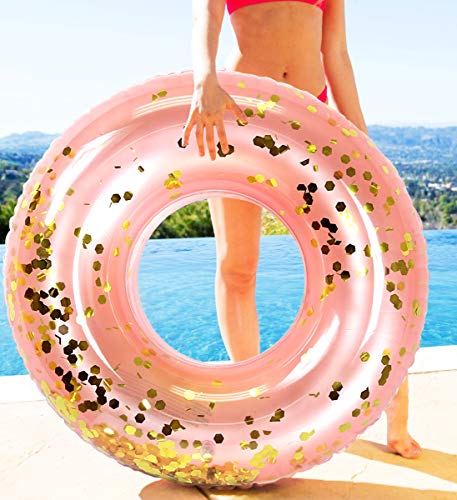 CoTa Global Inflatable Pool Float Tube Confetti 36 Inches Premium Swim Ring Heavy Duty Vinyl Flotation Pool Floats Toy for The Beach, Party, Vacation, UV Resistant - Pool Party (Rose Gold)