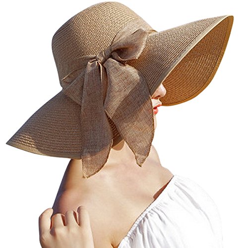 Lanzom Womens Big Bowknot Straw Hat Floppy Foldable Roll up Beach Cap Sun Hat UPF 50+ (Khaki)