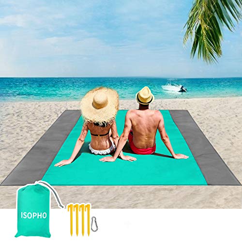 ISOPHO Beach Blanket, 79''×83'' Beach Blanket Waterproof Sandproof for 3-7 Adults, Oversized Lightweight Beach Mat, Portable Picnic Blankets, Sand Proof Mat for Travel, Camping, Hiking, Packable w/Bag