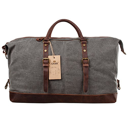 S-ZONE Oversized Leather Canvas Duffel Shoulder Weekender Mens Overnight Bag