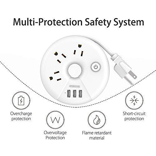 Travel Power Strip, NTONPOWER 3 Outlets 3 USB Portable Desktop Charging Station Short Extension Cord 15 inch for Office, Home, Hotels, Cruise Ship, Nightstand - White