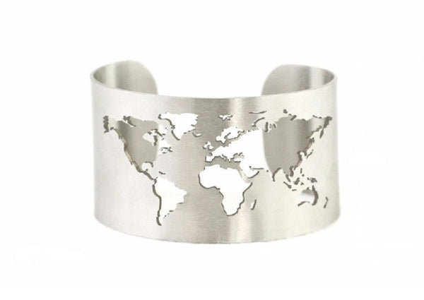 Handmade Travel Cuff Bangle Bracelet World Map Cutting - Silver Plating Fashion Jewelry Accessory