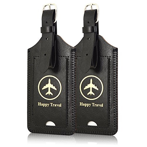 2 Pack Luggage Tags, ACdream Premium PU Leather Case Name Luggage Bag Tags for Travel Bag Suitcase Set with Name ID Labels, Black