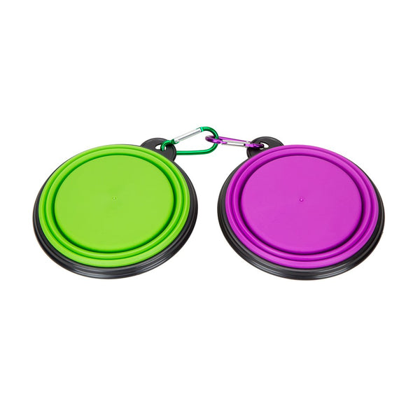 Portable Silicone Pet Bowl, 5 Inches, Foldable Expandable Water Feeding Travel Bowl for Pet Dog Cat and Small Animals (Set of 2, Purple+Green)