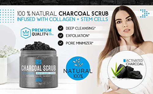 M3 Naturals Activated Charcoal Scrub Infused with Collagen and Stem Cell All Natural Exfoliating Body and Face Polish for Acne Cellulite Dead Skin Scars Wrinkles Cleansing Exfoliator 12 oz