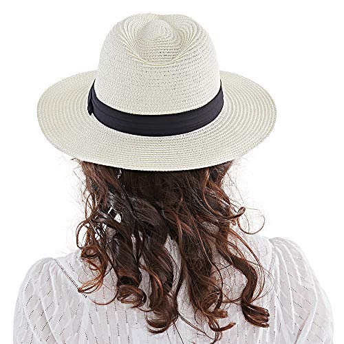 Panama Straw Hat,Womens Sun Hats Summer Wide Brim Floppy Fedora Beach Cap UPF50+