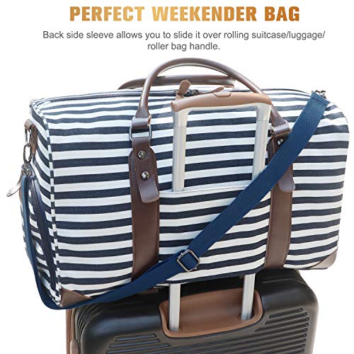 bluboon weekender overnight bag canvas genuine leather travel duffel tote Oflamn 21" Weekender Bags Canvas Leather Duffle Bag Overnight Travel Carry On Tote Bag with Luggage Sleeve (Blue/White Striped) – plentifultravel