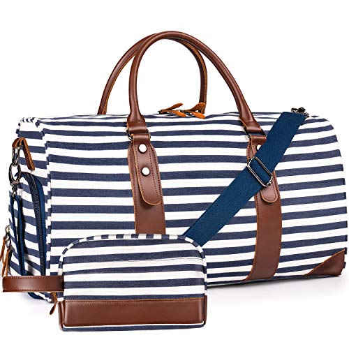 Oflamn 21" Weekender Bags Canvas Leather Duffle Bag Overnight Travel Carry On Tote Bag with Luggage Sleeve (Blue/White Striped)