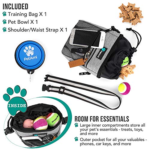 PetAmi Dog Treat Pouch | Dog Training Pouch Bag with Waist Shoulder Strap, Poop Bag Dispenser and Collapsible Bowl | Treat Training Bag for Treats, Kibbles, Pet Toys | 3 Ways to Wear (Heather Gray)