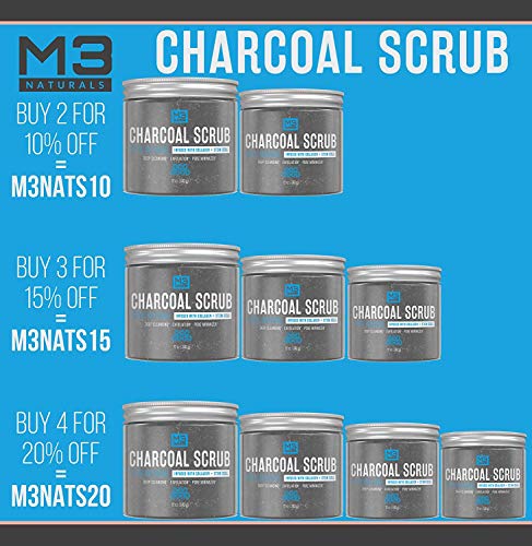 M3 Naturals Activated Charcoal Scrub Infused with Collagen and Stem Cell All Natural Exfoliating Body and Face Polish for Acne Cellulite Dead Skin Scars Wrinkles Cleansing Exfoliator 12 oz