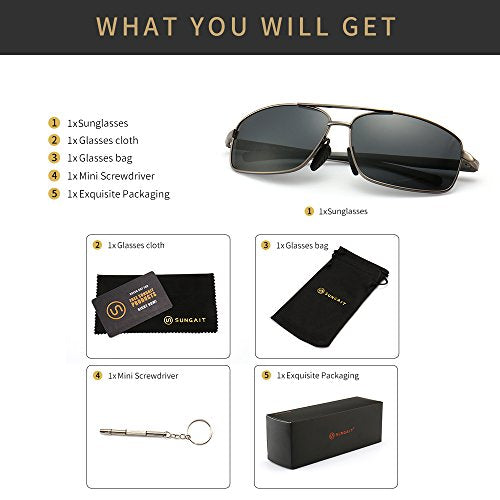 SUNGAIT Ultra Lightweight Rectangular Polarized Sunglasses UV400 Protection (Gunmetal Frame Gray Lens, 62) Metal Frame 2458 QKH