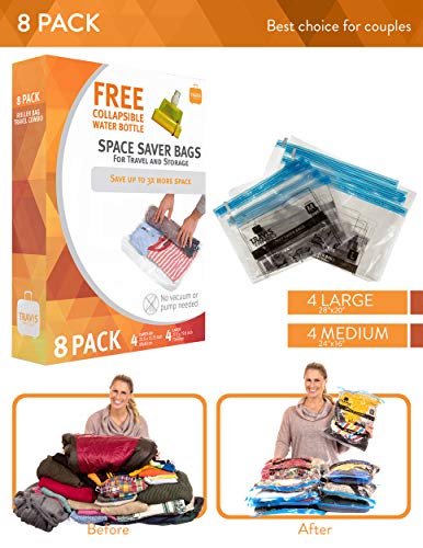 8 Travis Travel Gear Space Saver Vacuum Bags with Collapsible Water Bottle (4 Medium and 4 Large). No Pump Needed Roll Up Compression and Organizer for Storage and Luggage