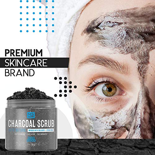 M3 Naturals Activated Charcoal Scrub Infused with Collagen and Stem Cell All Natural Exfoliating Body and Face Polish for Acne Cellulite Dead Skin Scars Wrinkles Cleansing Exfoliator 12 oz