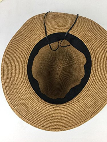 Lanzom Women Wide Brim Straw Panama Roll up Hat Fedora Beach Sun Hat UPF50+ (A-Khaki)