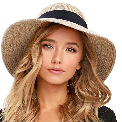 FURTALK Womens Beach Sun Straw Hat UV UPF50 Travel Foldable Brim Summer UV Hat(Large Size (22.4"-23")，Mixed Beige)