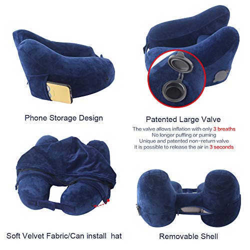 Sunany Neck Pillow Inflatable Travel Pillow Comfortably Supports The Head Neck and Chin Airplane Pillow with Soft Velour Cover Hat Portable Drawstring