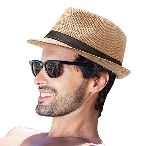 Straw Hat for Women Men - Summer Khaki Fedora Hat with Band Sun Hat for Travel