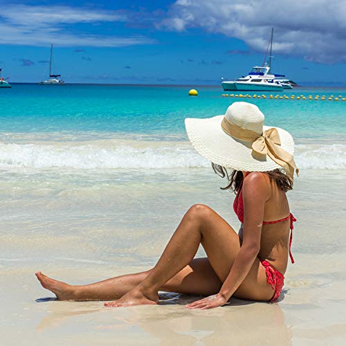 Lanzom Womens Big Bowknot Straw Hat Floppy Foldable Roll up Beach Cap Sun Hat UPF 50+ (Khaki)