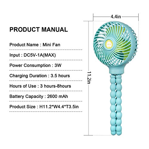 HomeLifairy Portable Mini Handheld Stroller Fan and 2600mAh Baby Fan with Flexible Tripod Can Be Wrapped on Stroller/Car Seat/Student Bed/Bike USB and Battery Powered Desk Fan (Blue)