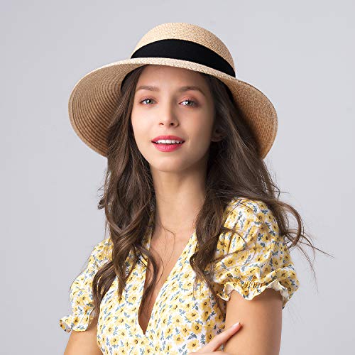 FURTALK Womens Beach Sun Straw Hat UV UPF50 Travel Foldable Brim Summer UV Hat(Large Size (22.4