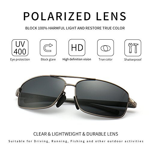 SUNGAIT Ultra Lightweight Rectangular Polarized Sunglasses UV400 Protection (Gunmetal Frame Gray Lens, 62) Metal Frame 2458 QKH