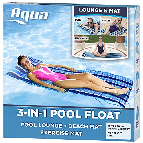 Aqua 3-In-1 Roll-Up Pool Float, Padded Mat For Beach-Land-Water, Roll-Up Mat with Carry Strap, Navy/White Stripe