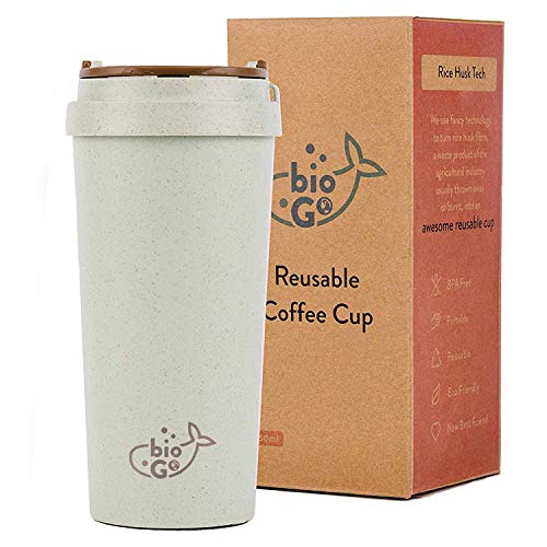 bioGo Cup | Rice Husk Fibre | BPA-Free, Double Wall Insulation Reusable Coffee Cups | Office, Car, On-The-Go Travel Mug | Screw Tight Lid, Secure Mouthpiece | Textured Grip | (Gray, 16oz)