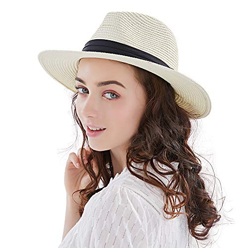 Anycosy Panama Straw Hat,Womens Sun Hats Summer Wide Brim Floppy Fedora Beach Cap UPF50+（A01-Beige）