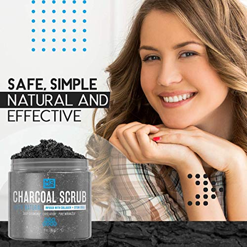 M3 Naturals Activated Charcoal Scrub Infused with Collagen and Stem Cell All Natural Exfoliating Body and Face Polish for Acne Cellulite Dead Skin Scars Wrinkles Cleansing Exfoliator 12 oz