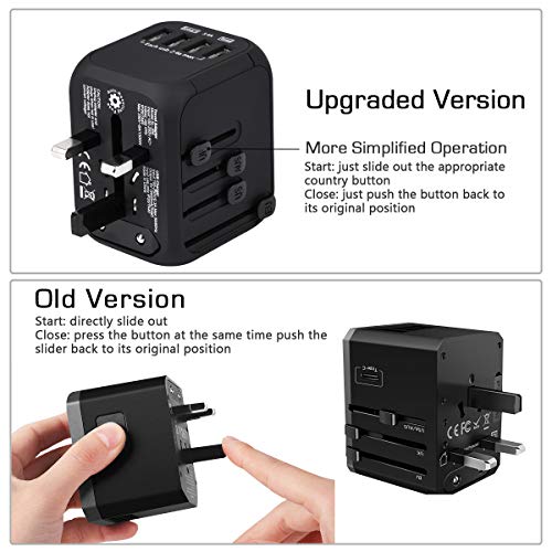 Upgraded Universal Travel Adapter, Castries All-in-one Worldwide Travel Charger Travel Socket, International Power Adapter with 4 USB Ports, AC Plug for Over 150 Countries, Travel Accessories, Black