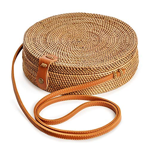 Buy OUTLEYNY Handwoven Round Rattan Bag Women Beach Straw Crossbody Bag  Chic Shoulder Bag with Leather Strap, Brown, Large at Amazon.in