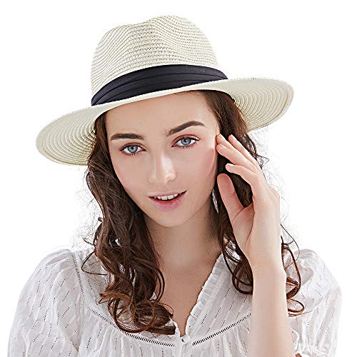 Panama Straw Hat,Womens Sun Hats Summer Wide Brim Floppy Fedora Beach Cap UPF50+