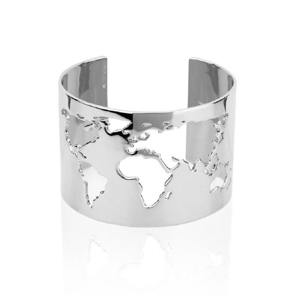 Handmade Travel Cuff Bangle Bracelet World Map Cutting - Silver Plating Fashion Jewelry Accessory