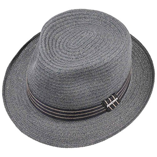 Stetson Carson Fedora Toyo Straw hat - Heathered Summer hat for Men - Paper Straw Sun hat with Striped Grosgrain Ribbon - Stylish Men's hat for Spring/Summer Grey-Blue XL (7 1/2-7 5/8)
