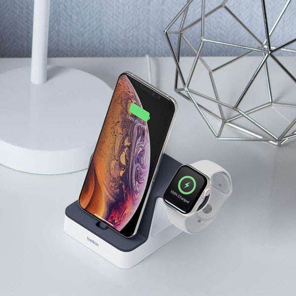 Belkin Powerhouse Charge Dock for Apple Watch + iPhone Charging Dock for iPhone Xs, XS Max, XR, X, 8/8 Plus and More, Apple Watch Series 4, 3, 2, 1 (White)