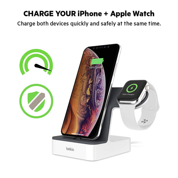 Belkin Powerhouse Charge Dock for Apple Watch + iPhone Charging Dock for iPhone Xs, XS Max, XR, X, 8/8 Plus and More, Apple Watch Series 4, 3, 2, 1 (White)