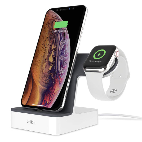 Belkin Powerhouse Charge Dock for Apple Watch + iPhone Charging Dock for iPhone Xs, XS Max, XR, X, 8/8 Plus and More, Apple Watch Series 4, 3, 2, 1 (White)