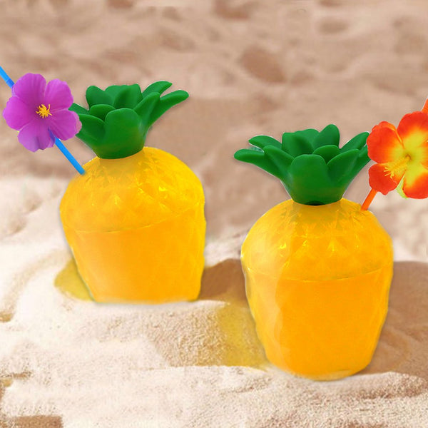 Pineapple Drink Cups with Flower Straws, 12 pack