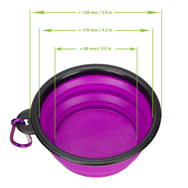 Portable Silicone Pet Bowl, 5 Inches, Foldable Expandable Water Feeding Travel Bowl for Pet Dog Cat and Small Animals (Set of 2, Purple+Green)
