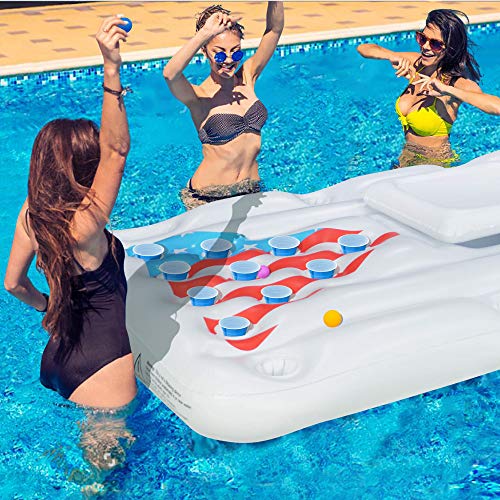 Jasonwell Beer Pong Pool Float - Inflatable Floating Beer Pong Table Party Pool Lounge Raft for Adults with Cooler White 6 Feet