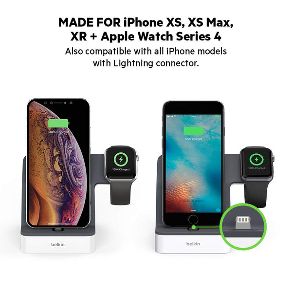 Belkin Powerhouse Charge Dock for Apple Watch + iPhone Charging Dock for iPhone Xs, XS Max, XR, X, 8/8 Plus and More, Apple Watch Series 4, 3, 2, 1 (White)