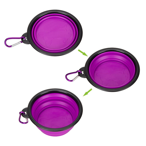 Portable Silicone Pet Bowl, 5 Inches, Foldable Expandable Water Feeding Travel Bowl for Pet Dog Cat and Small Animals (Set of 2, Purple+Green)