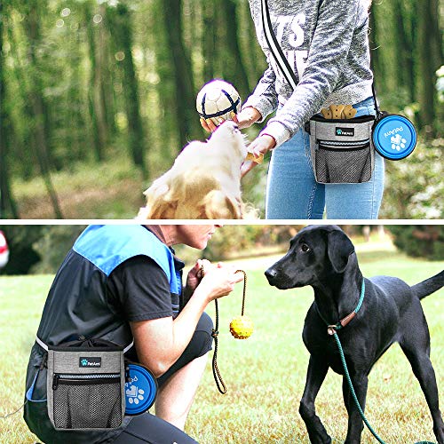 PetAmi Dog Treat Pouch | Dog Training Pouch Bag with Waist Shoulder Strap, Poop Bag Dispenser and Collapsible Bowl | Treat Training Bag for Treats, Kibbles, Pet Toys | 3 Ways to Wear (Heather Gray)