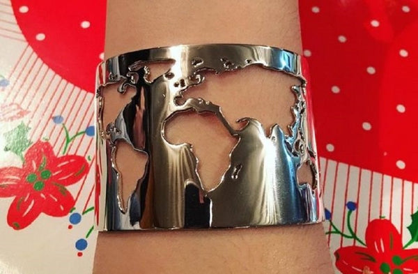 Handmade Travel Cuff Bangle Bracelet World Map Cutting - Silver Plating Fashion Jewelry Accessory