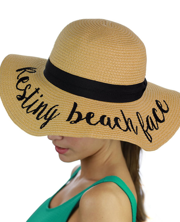 Women's Beach Embroidered Quote Floppy Brim Sun Hat