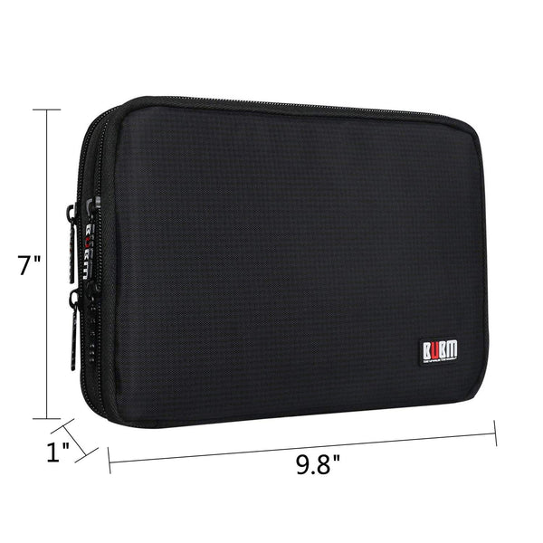 measurements of travel electronics organizer are 7 inches tall. 9.8 inches wide and 1 inch thick