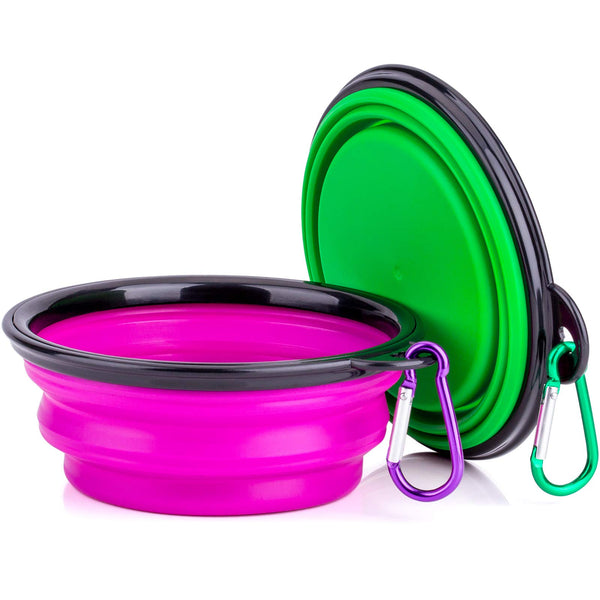 Portable Silicone Pet Bowl, 5 Inches, Foldable Expandable Water Feeding Travel Bowl for Pet Dog Cat and Small Animals (Set of 2, Purple+Green)