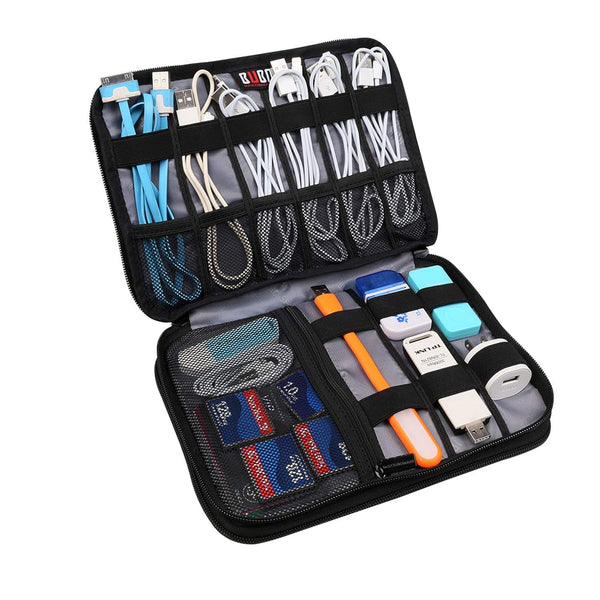 cords and electronics fitted into travel electronics organizer 